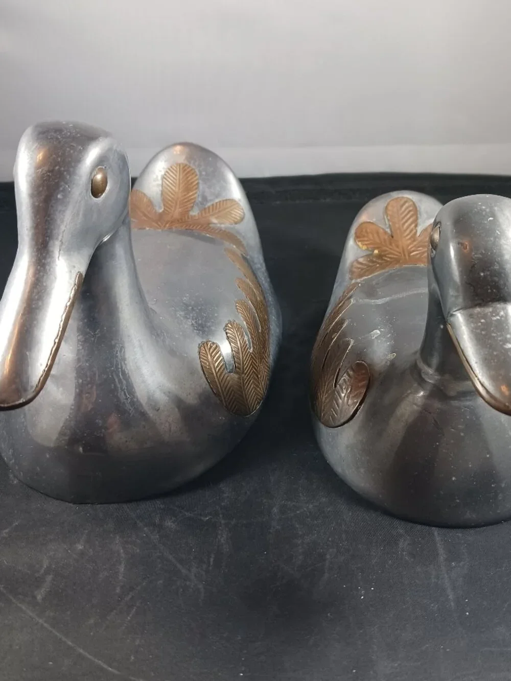 2 Vintage Duck Shape Pewter with Brass Inlay